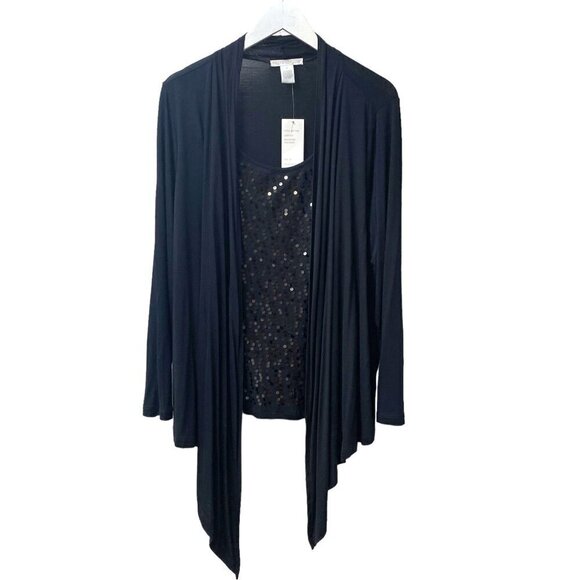 DESIGN HISTORY Sequin Cardigan Shrug Plus Size 1X Layered Look Tank Black NWT - Picture 3 of 9